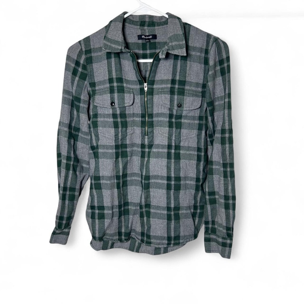 Madewell Washburn Plaid Flannel Zip Front Popover Gray Green Top small